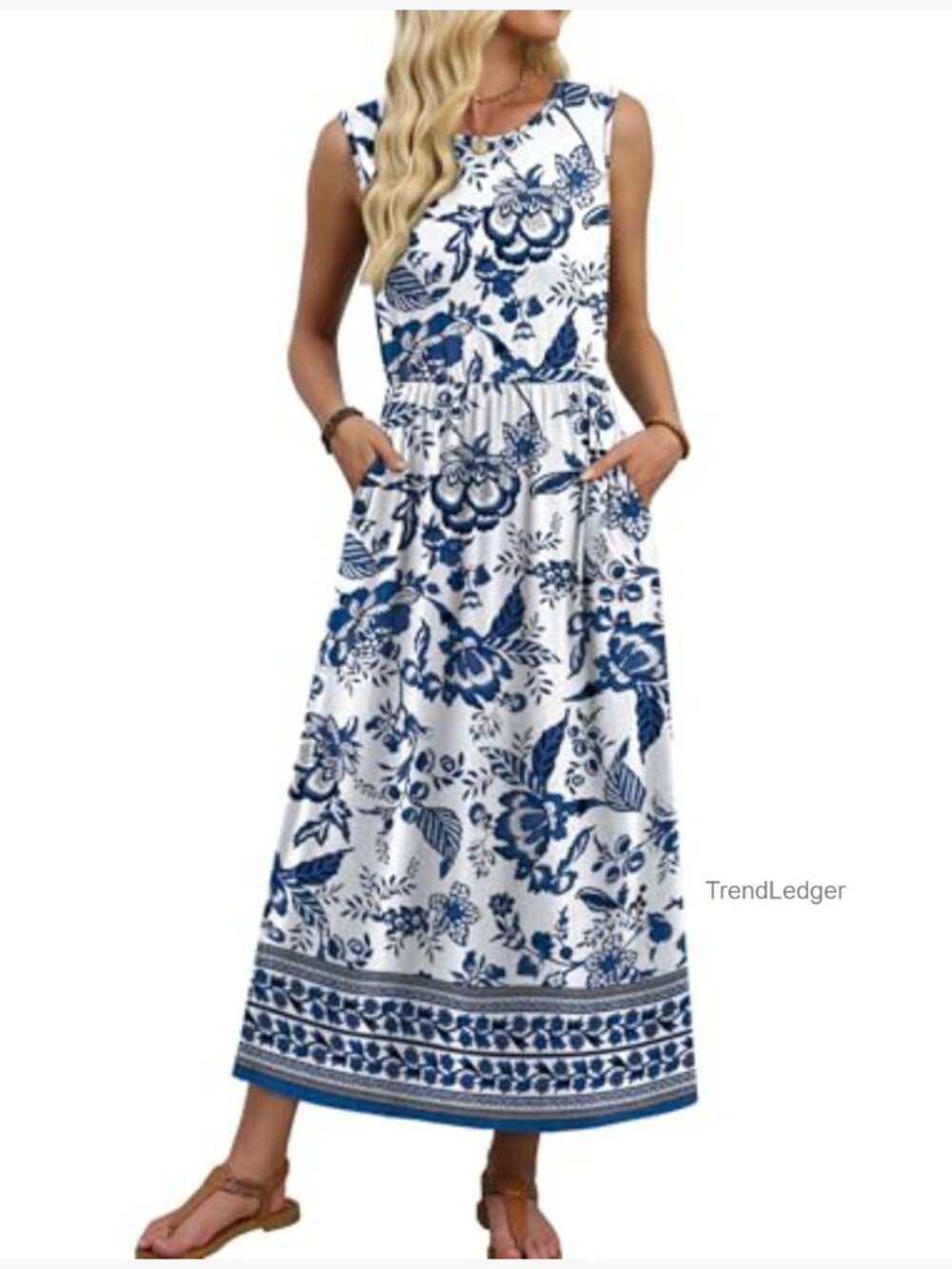 Maxi Dress with Pockets Elastic Waist Sleeveless Sundress Long Flowy A Line - Picture 3 of 5